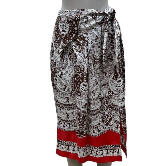 Vintage Talbots Midi Skirt Womens Size 12 Brown & White Paisley Wrap A-line Silk - Picture 1 of 15